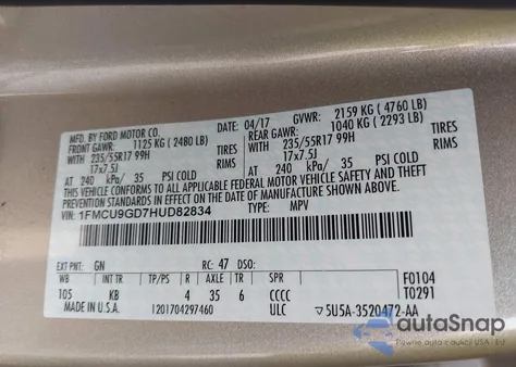 2017 Ford Escape Se from USA, damaged, VIN 1FMCU9GD7HUD82834